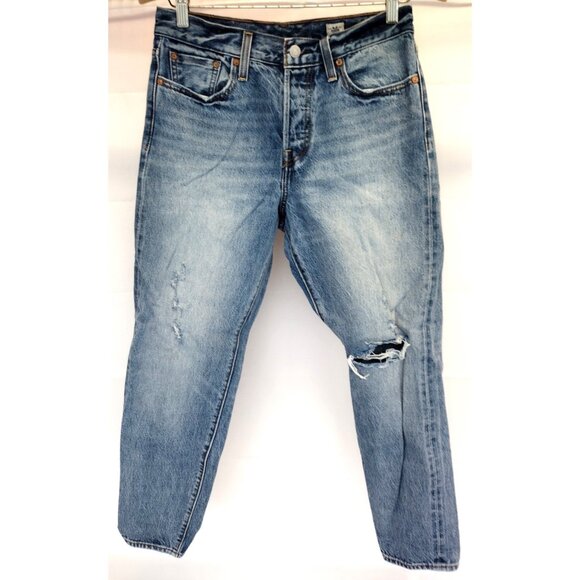 Levi White Oak Cone Denim Faded Distressed Medium Wash Size 28 - Picture 1 of 11